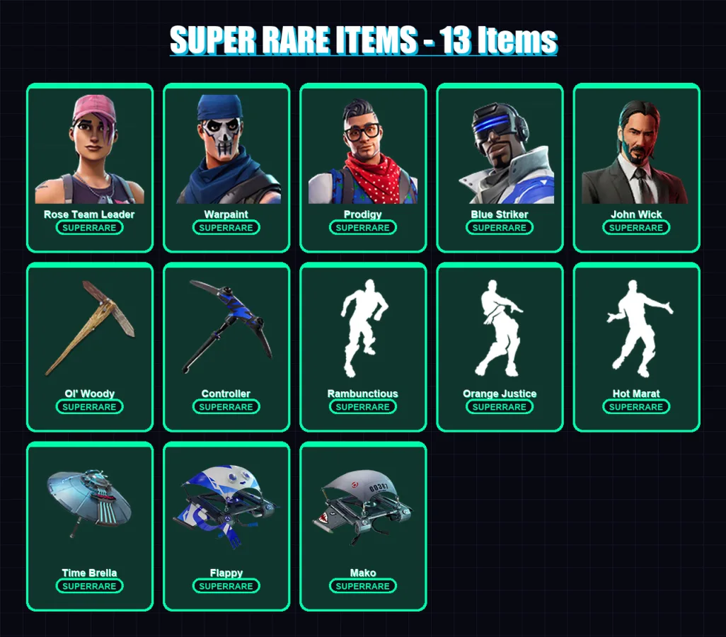 [PC/XBOX] | Rose Team Leader | Warpaint | Prodigy | Blue Striker | John Wick | 44 skin | 54 pickaxe | 72 emote | 59 glider | Lv745