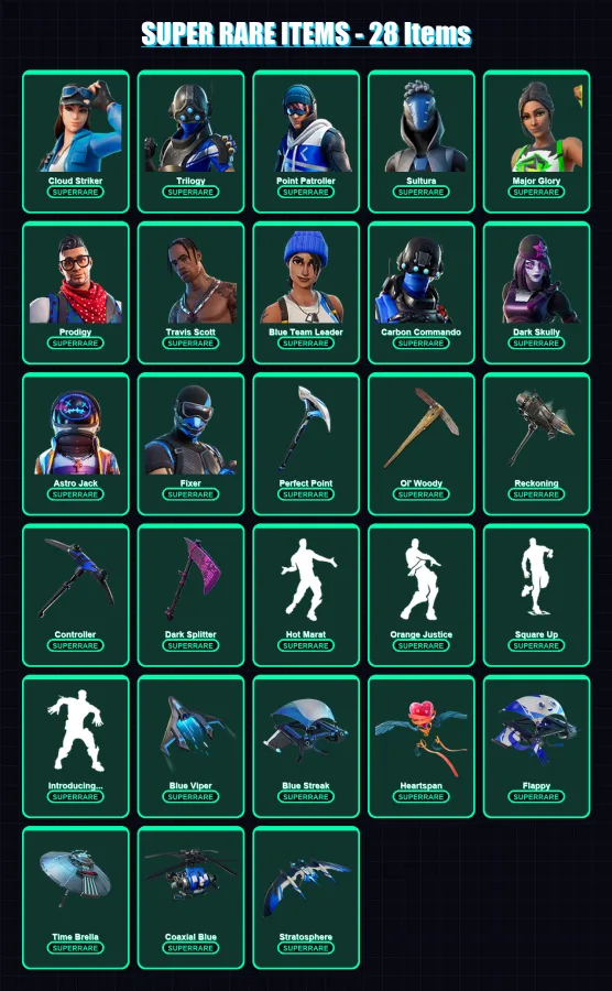 [PS4/PS5/PC] | Cloud Striker | Trilogy | Point Patroller | Sultura | Major Glory | 238 skin | 225 pickaxe | 172 emote | 179 glider | Lv2379