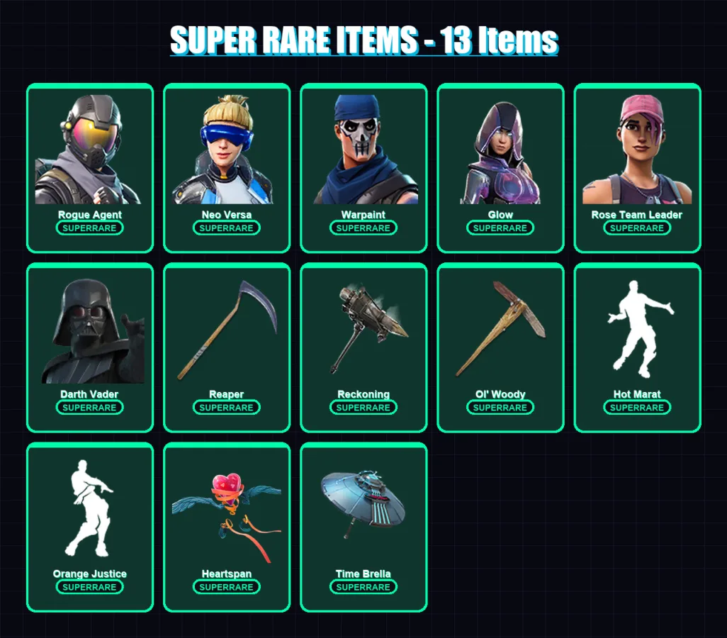 [PC/PSN] | Rogue Agent | Neo Versa | Warpaint | Glow | Rose Team Leader | 157 skin | 144 pickaxe | 106 emote | 118 glider | Lv1606