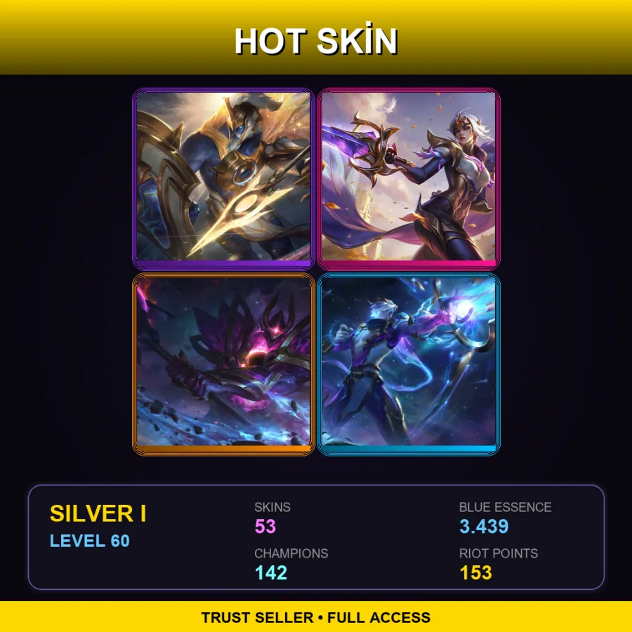 TR | Prestige Ascended Pantheon | Victorious Fiora | Dark Star Mordekaiser | Cosmic Hunter Varus | 53 Skin | 142 Champ | Silver I | Lv60