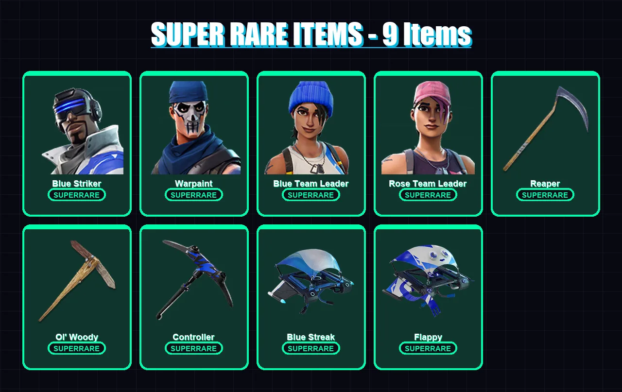 [PS4/PS5/XBOX/PC] | Blue Striker | Warpaint | Blue Team Leader | Rose Team Leader | Blackheart | 12 skin | 17 pickaxe | 26 emote | 24 glider | Lv297