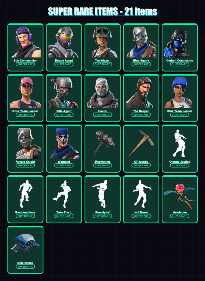 [PS4/PS5/XBOX/PC] | Sub Commander | Rogue Agent | Trailblazer | Blue Squire | Carbon Commando | 76 skin | 47 pickaxe | 65 emote | 59 glider | Lv642