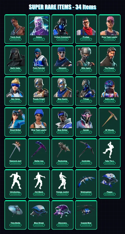 [PC/PSN] | Travis Scott | Galaxy | Carbon Commando | Prodigy | Rose Team Leader | 183 skin | 168 pickaxe | 144 emote | 135 glider | Lv1469