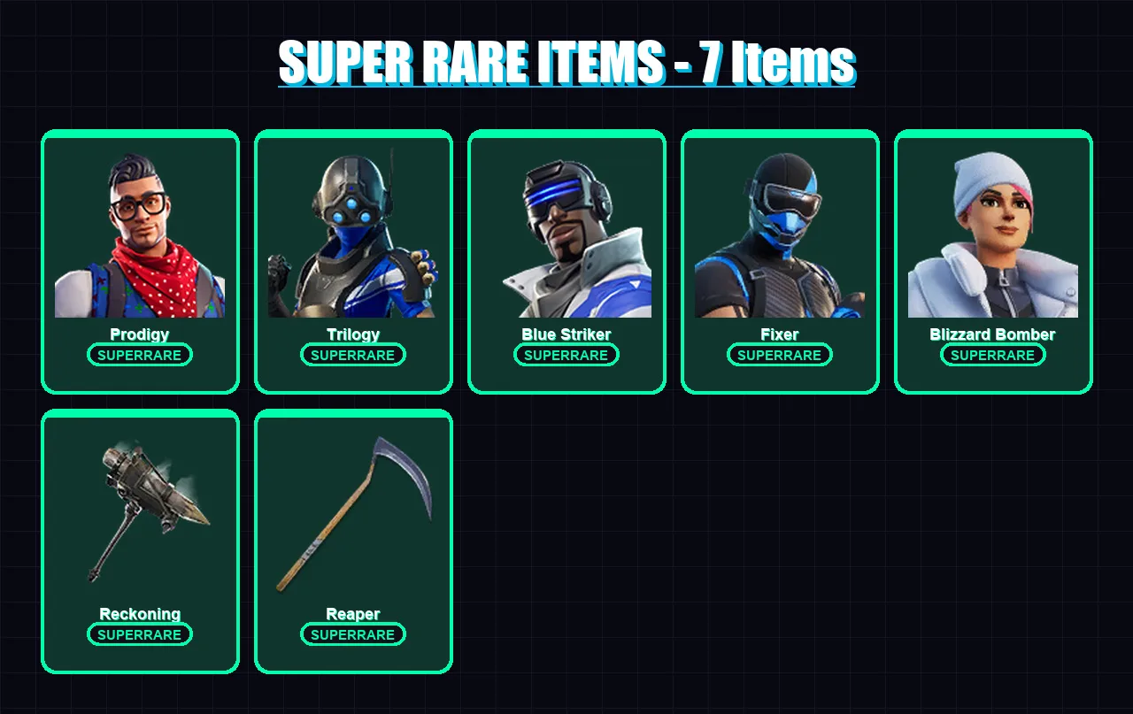 [PS4/PS5/XBOX/PC] | Prodigy | Trilogy | Blue Striker | Fixer | Blizzard Bomber | 55 skin | 73 pickaxe | 75 emote | 71 glider | Lv1344