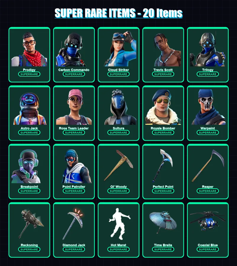 [PS4/PS5/XBOX/PC] | Prodigy | Carbon Commando | Cloud Striker | Travis Scott | Trilogy | 131 skin | 176 pickaxe | 152 emote | 145 glider | Lv2267