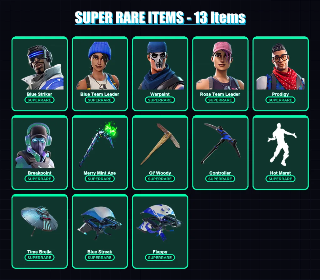 [PC/XBOX] | Blue Striker | Blue Team Leader | Warpaint | Rose Team Leader | Prodigy | 122 skin | 141 pickaxe | 114 emote | 123 glider | Lv1675