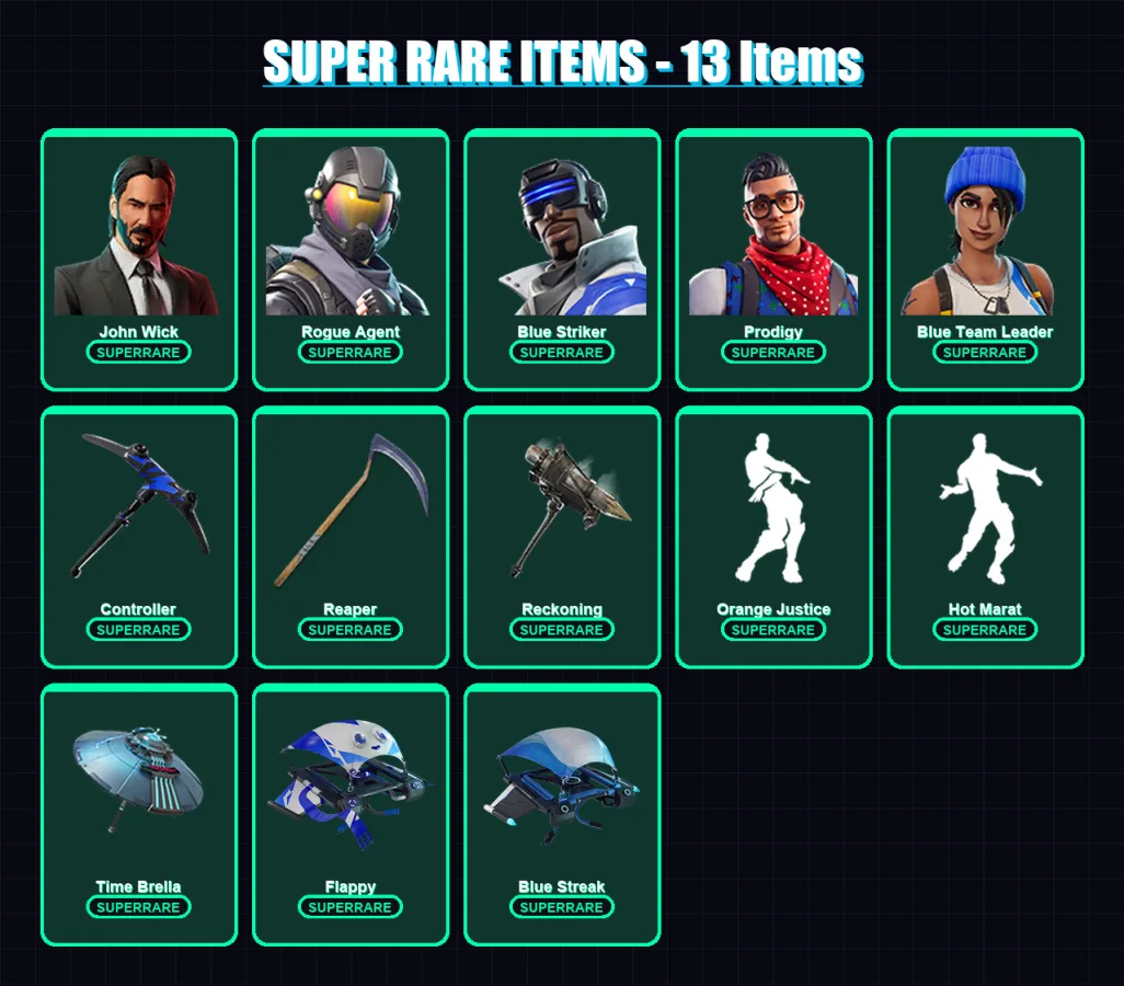 [PS4/PS5/XBOX/PC] | John Wick | Rogue Agent | Blue Striker | Prodigy | Blue Team Leader | 89 skin | 112 pickaxe | 97 emote | 102 glider | Lv1599