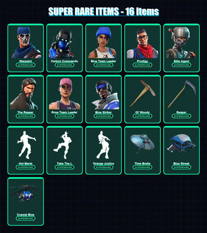 [PC/XBOX/PSN] | Warpaint | Carbon Commando | Blue Team Leader | Prodigy | Elite Agent | 106 skin | 136 pickaxe | 112 emote | 112 glider | Lv1415