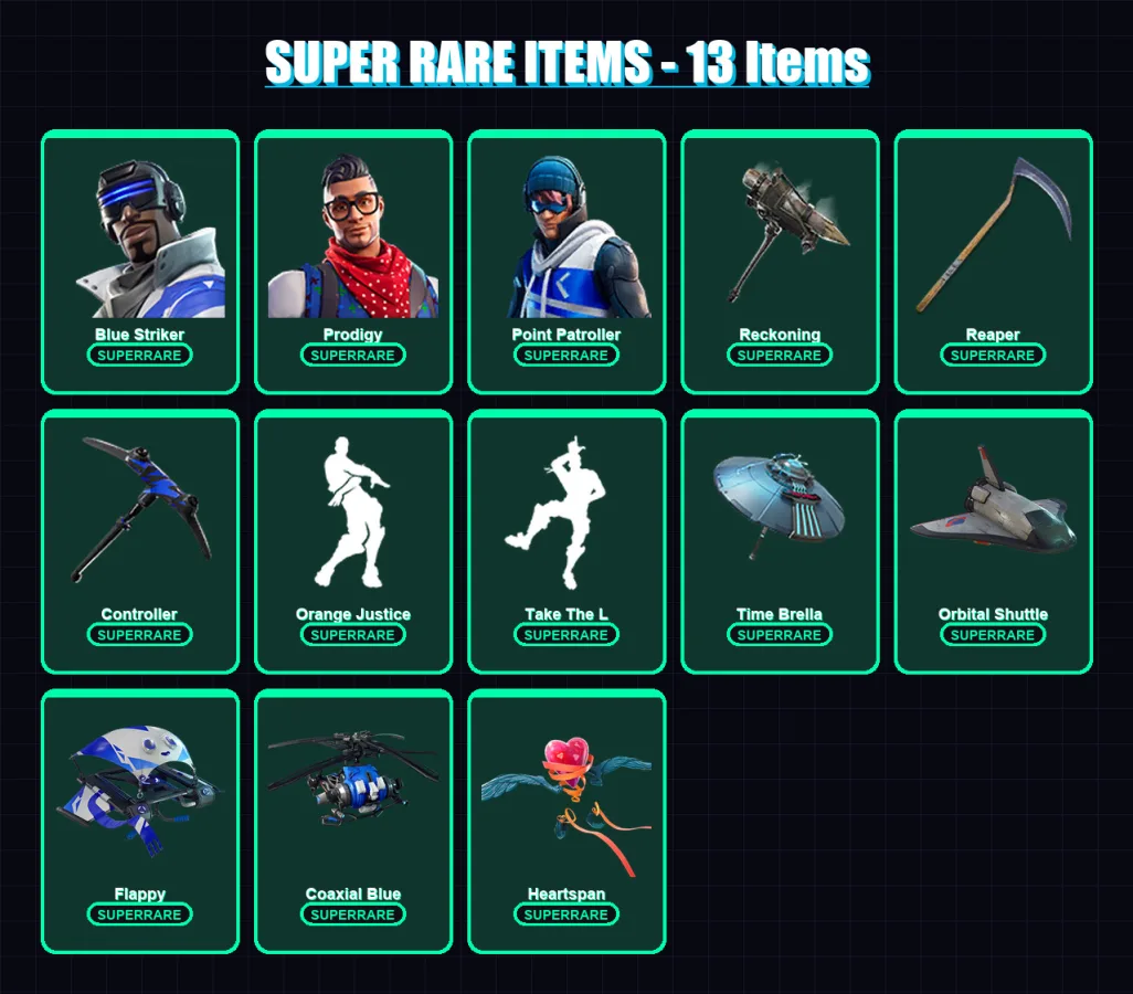 [PS4/PS5/XBOX/PC] | Blue Striker | Prodigy | Point Patroller | Snap | Calamity | 114 skin | 108 pickaxe | 84 emote | 107 glider | Lv1322