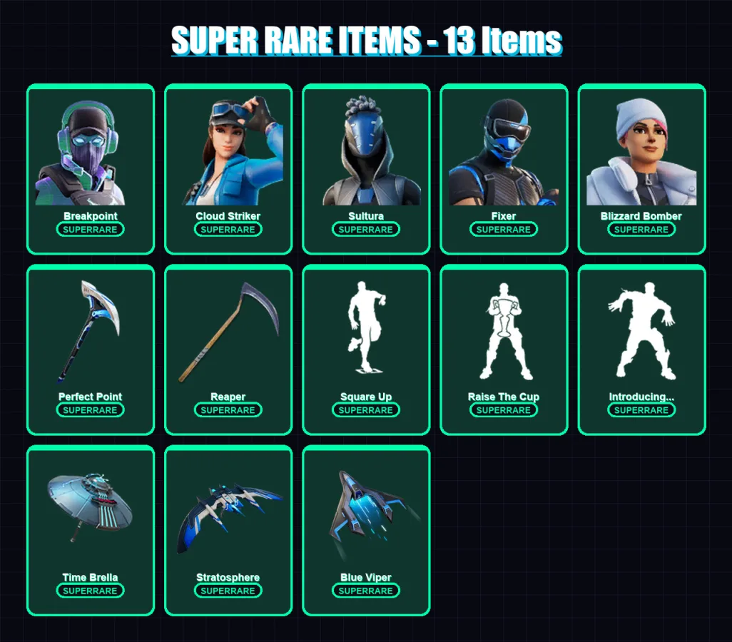 [PS4/PS5/XBOX/PC] | Breakpoint | Cloud Striker | Sultura | Fixer | Blizzard Bomber | 233 skin | 220 pickaxe | 159 emote | 180 glider | Lv2613