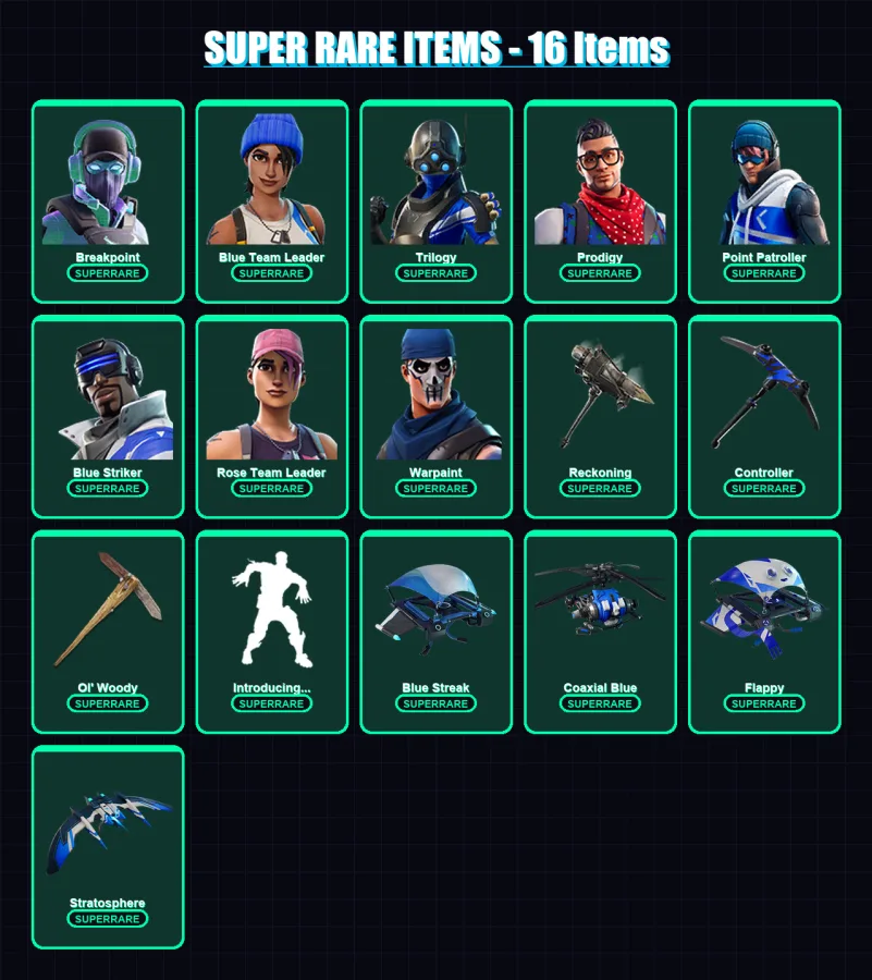 [PC/XBOX] | Breakpoint | Blue Team Leader | Trilogy | Prodigy | Point Patroller | 112 skin | 103 pickaxe | 86 emote | 100 glider | Lv1303