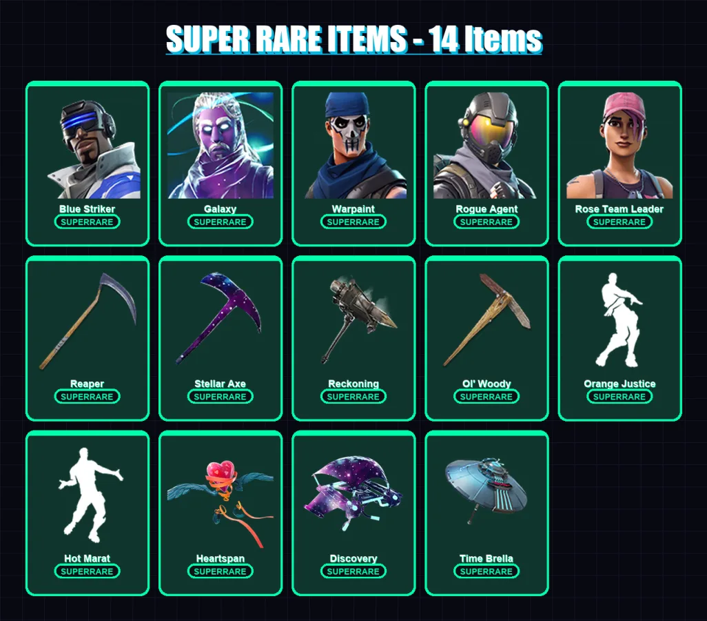 [PC/XBOX] | Blue Striker | Galaxy | Warpaint | Rogue Agent | Rose Team Leader | 54 skin | 63 pickaxe | 59 emote | 68 glider | Lv833