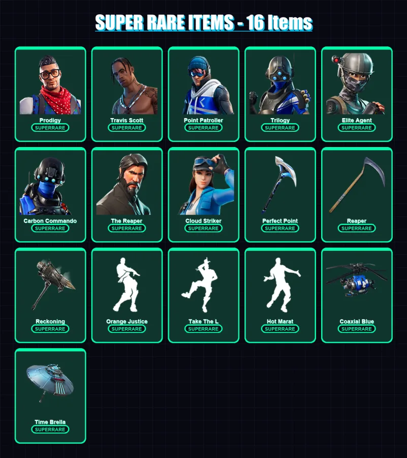 [PS4/PS5/XBOX/PC] | Prodigy | Travis Scott | Point Patroller | Trilogy | Elite Agent | 74 skin | 79 pickaxe | 82 emote | 95 glider | Lv1501