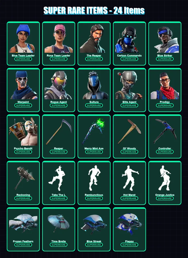 [PC] | Blue Team Leader | Rose Team Leader | The Reaper | Carbon Commando | Blue Striker | 471 skin | 375 pickaxe | 232 emote | 192 glider | Lv2390