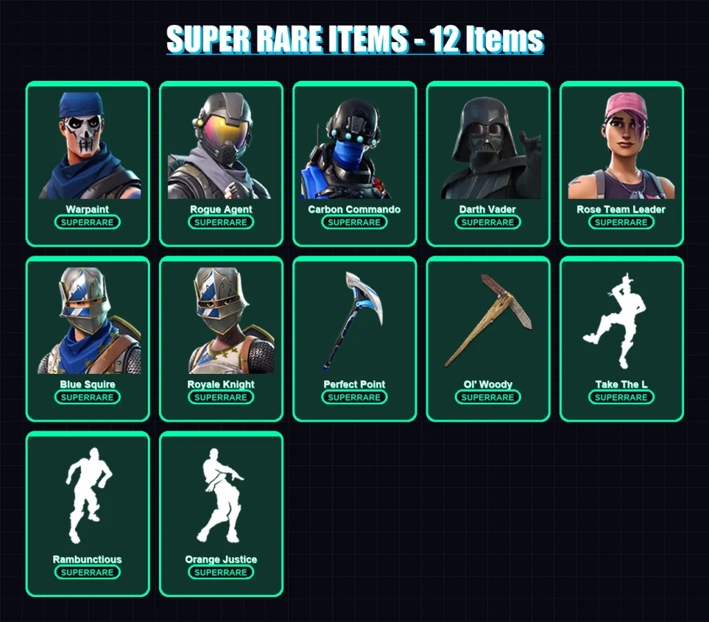 [PS4/PS5/XBOX/PC] | Warpaint | Rogue Agent | Carbon Commando | Darth Vader | Rose Team Leader | 48 skin | 34 pickaxe | 62 emote | 36 glider | Lv346