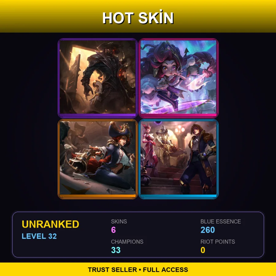 BR | High Noon Lucian | Winterblessed Zoe | Waterloo Miss Fortune | Ace of Spades Ezreal | 6 Skin | 33 Champ | Lv32
