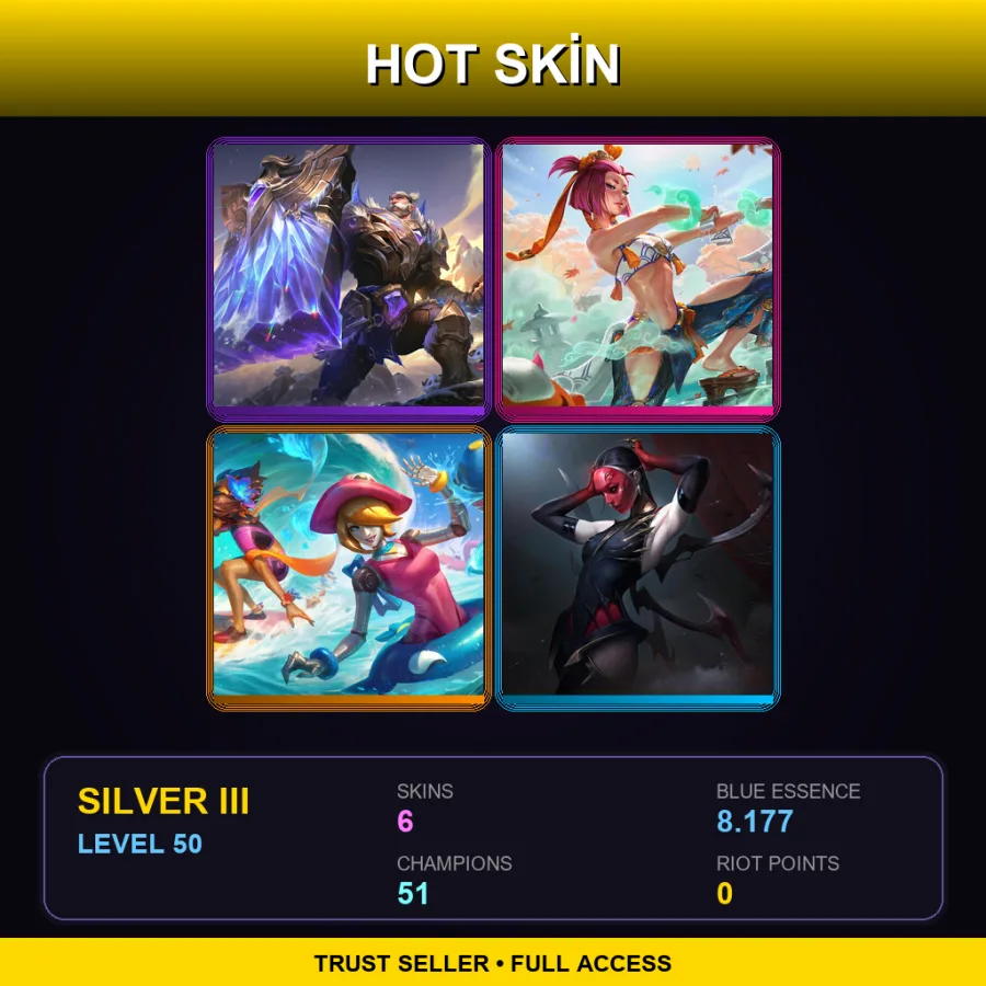 SG | Victorious Braum | Spirit Blossom Springs Yunara | Pool Party Orianna | Masque of the Black Rose Elise | 6 Skin | 51 Champ | Silver III | Lv50