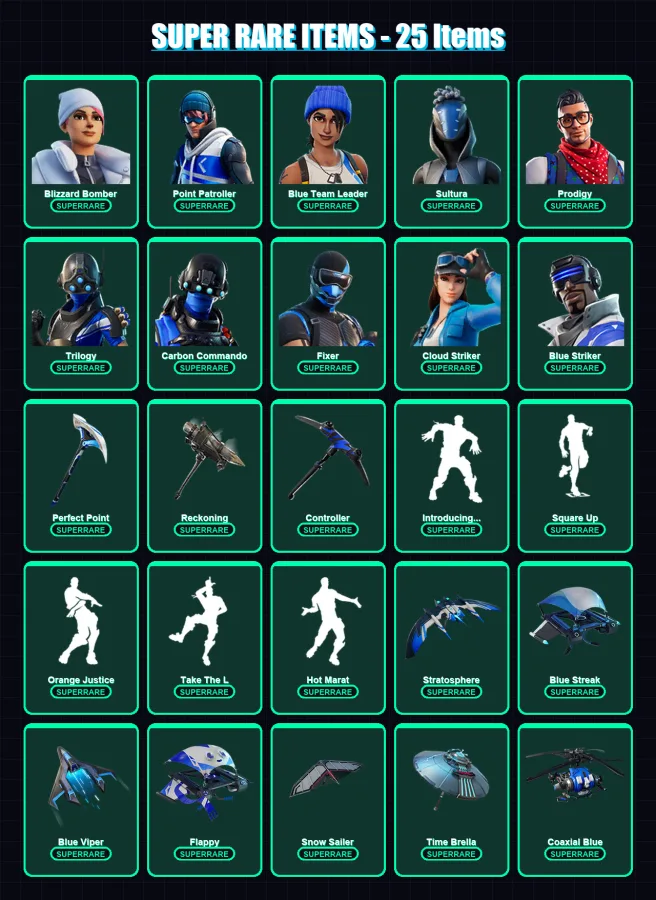 [PS4/PS5/XBOX/PC] | Blizzard Bomber | Point Patroller | Blue Team Leader | Sultura | Prodigy | 68 skin | 73 pickaxe | 71 emote | 84 glider | Lv1066 — Fortnite account