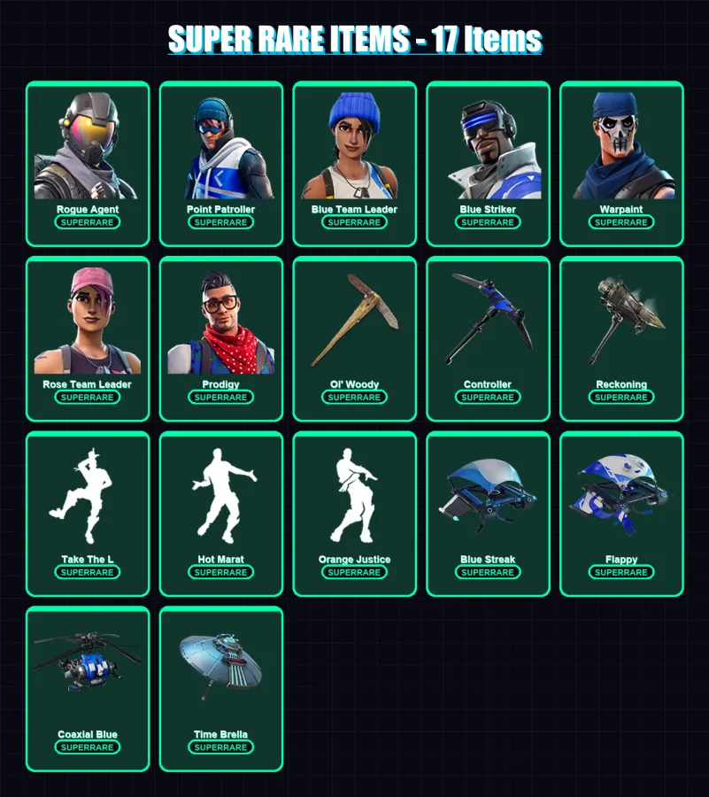 [PC/XBOX] | Rogue Agent | Point Patroller | Blue Team Leader | Blue Striker | Warpaint | 59 skin | 48 pickaxe | 52 emote | 61 glider | Lv666
