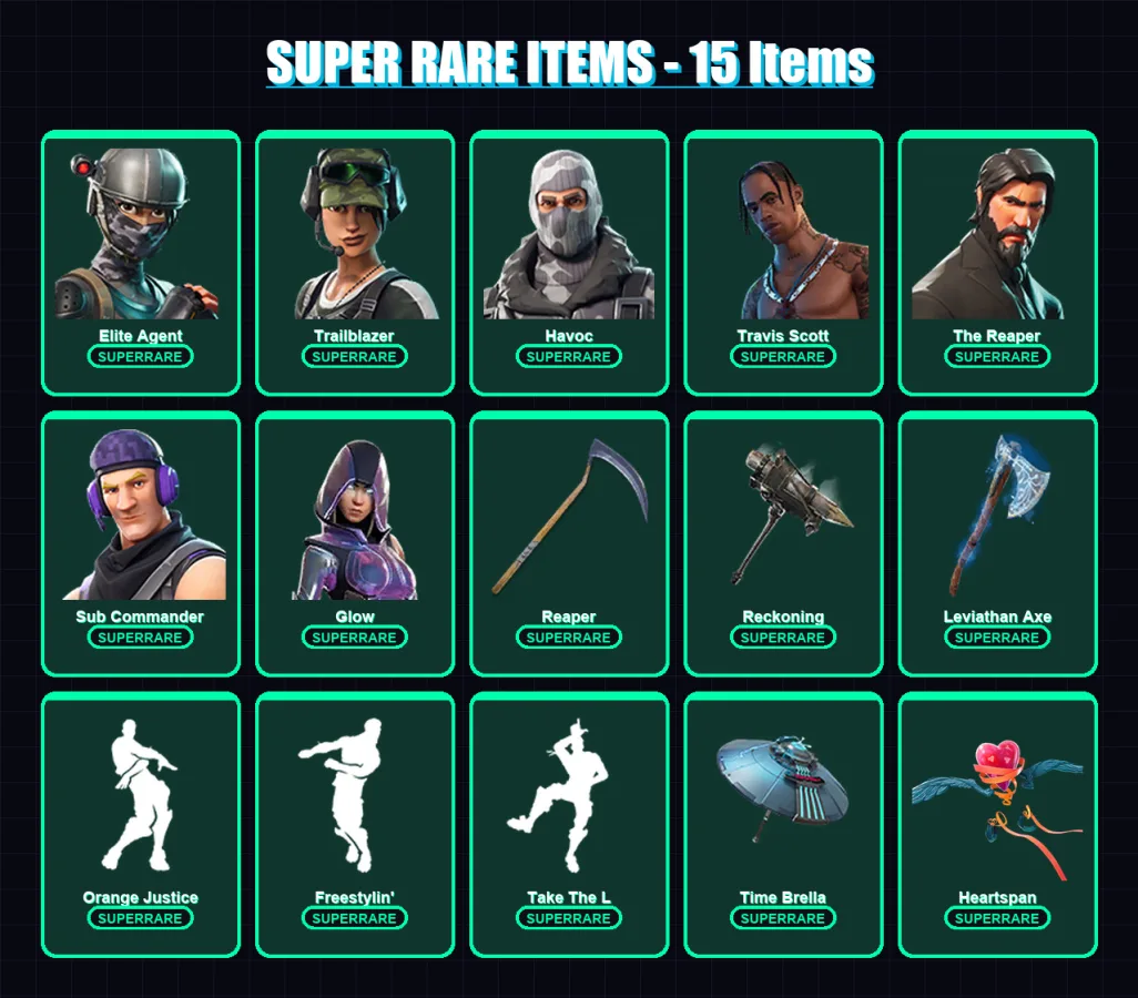[PS4/PS5/XBOX/PC] | Elite Agent | Trailblazer | Havoc | Travis Scott | The Reaper | 216 skin | 211 pickaxe | 162 emote | 151 glider | Lv2503