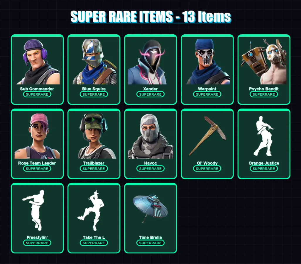 [PC/XBOX/PSN] | Sub Commander | Blue Squire | Xander | Warpaint | Psycho Bandit | 147 skin | 133 pickaxe | 106 emote | 96 glider | Lv1096
