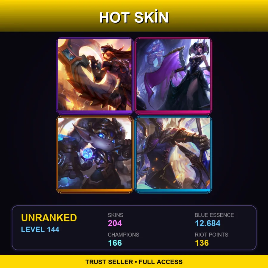 SG | Lv144 | Unranked | 204 Skin | 166 Champ — LoL account