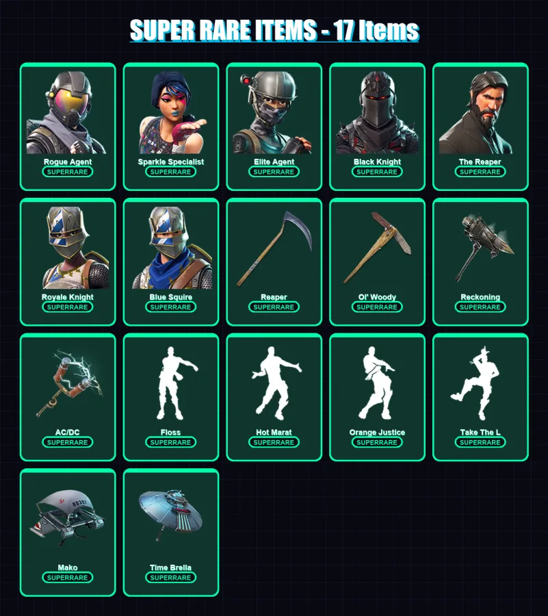 [PC/XBOX/PSN] | Rogue Agent | Sparkle Specialist | Elite Agent | Black Knight | The Reaper | 117 skin | 141 pickaxe | 137 emote | 111 glider | Lv207