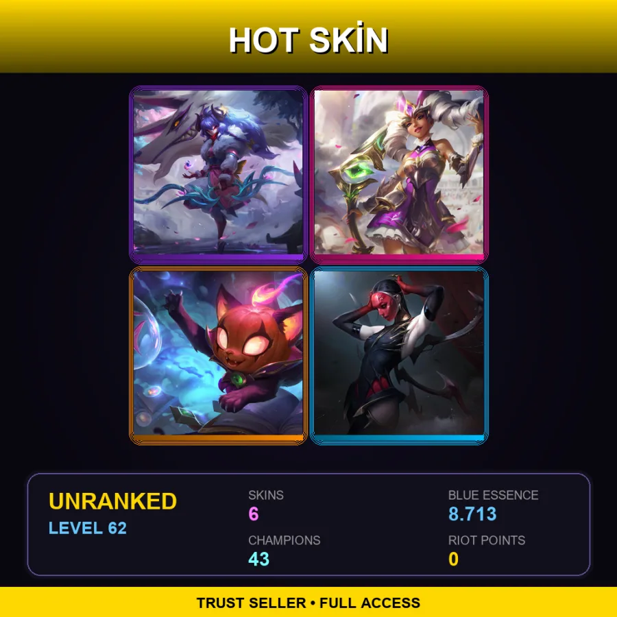 VN | Lv62 | Unranked | 6 Skin | 43 Champ — LoL account