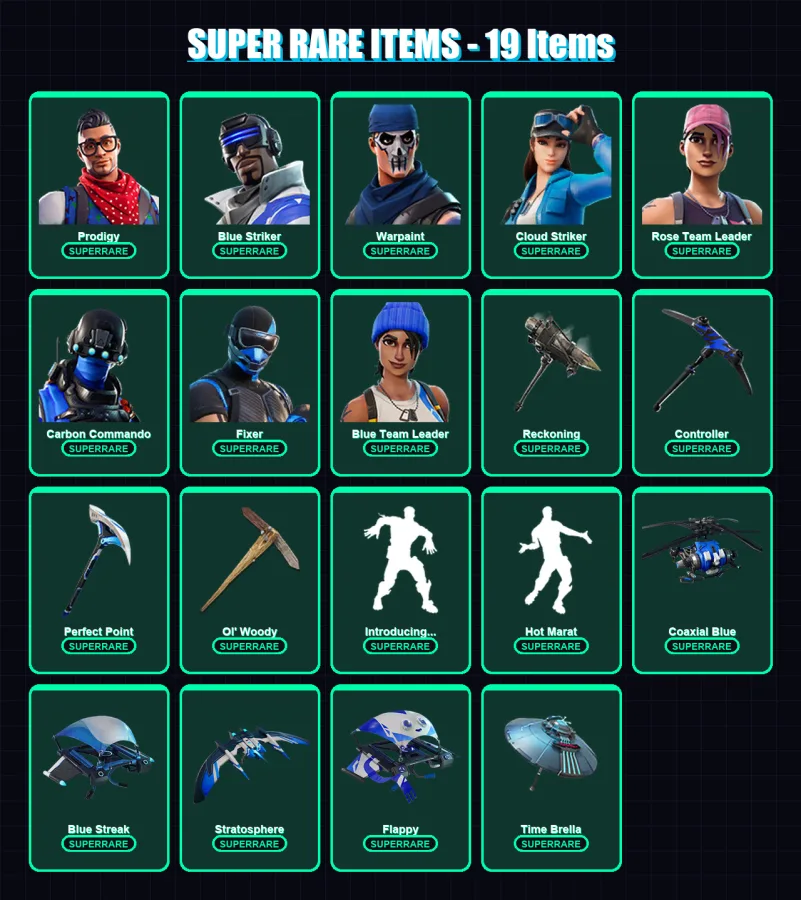 [PS4/PS5/XBOX/PC] | Prodigy | Blue Striker | Warpaint | Cloud Striker | Rose Team Leader | 80 skin | 82 pickaxe | 97 emote | 94 glider | Lv1416