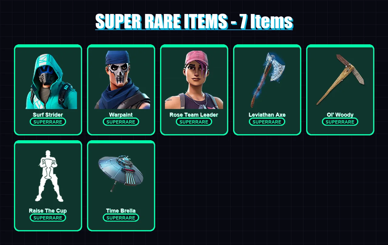 [PC/XBOX/PSN] | Surf Strider | Warpaint | Rose Team Leader | Menace | Joey | 54 skin | 70 pickaxe | 52 emote | 62 glider | Lv1011