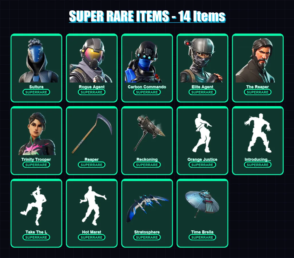 [PC/XBOX/PSN] | Sultura | Rogue Agent | Carbon Commando | Elite Agent | The Reaper | 205 skin | 210 pickaxe | 187 emote | 156 glider | Lv2284
