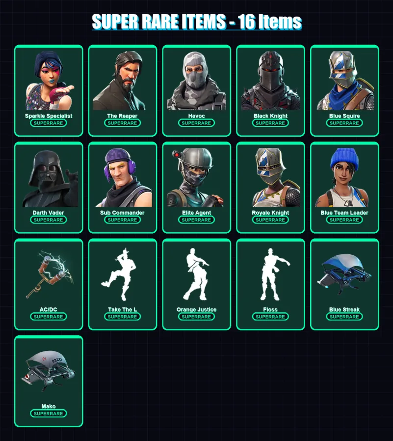 [PS4/PS5/XBOX/PC] | Sparkle Specialist | The Reaper | Havoc | Black Knight | Blue Squire | 45 skin | 32 pickaxe | 41 emote | 38 glider | Lv755