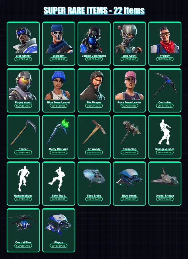 [PC/XBOX/PSN] | Blue Striker | Warpaint | Carbon Commando | Elite Agent | Prodigy | 231 skin | 209 pickaxe | 203 emote | 186 glider | Lv3213