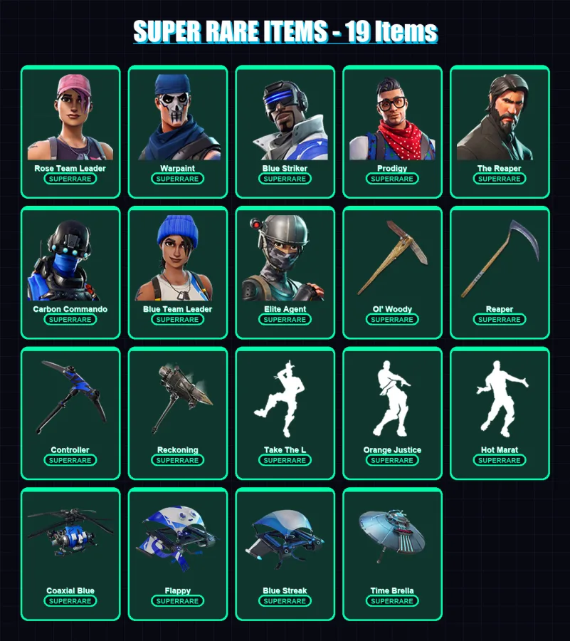 [PC/XBOX] | Rose Team Leader | Warpaint | Blue Striker | Prodigy | The Reaper | 75 skin | 62 pickaxe | 74 emote | 69 glider | Lv872