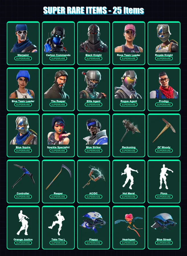 [PC/XBOX/PSN] | Warpaint | Carbon Commando | Black Knight | Rose Team Leader | Royale Knight | 69 skin | 44 pickaxe | 57 emote | 46 glider | Lv591