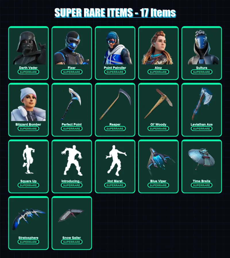 [PS4/PS5/XBOX/PC] | Darth Vader | Fixer | Point Patroller | Aloy | Sultura | 428 skin | 453 pickaxe | 375 emote | 281 glider | Lv3589