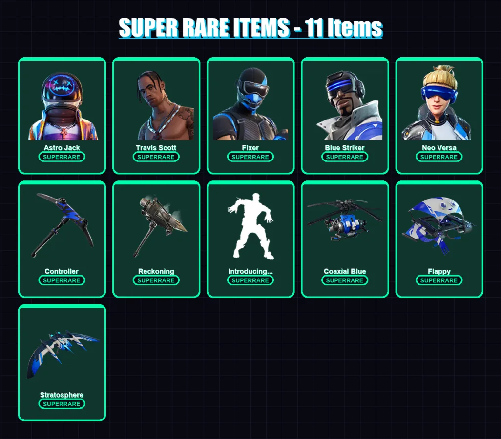 [PS4/PS5/XBOX/PC] | Astro Jack | Travis Scott | Pitch Patroller | Fixer | Blue Striker | 80 skin | 57 pickaxe | 95 emote | 59 glider | Lv1111