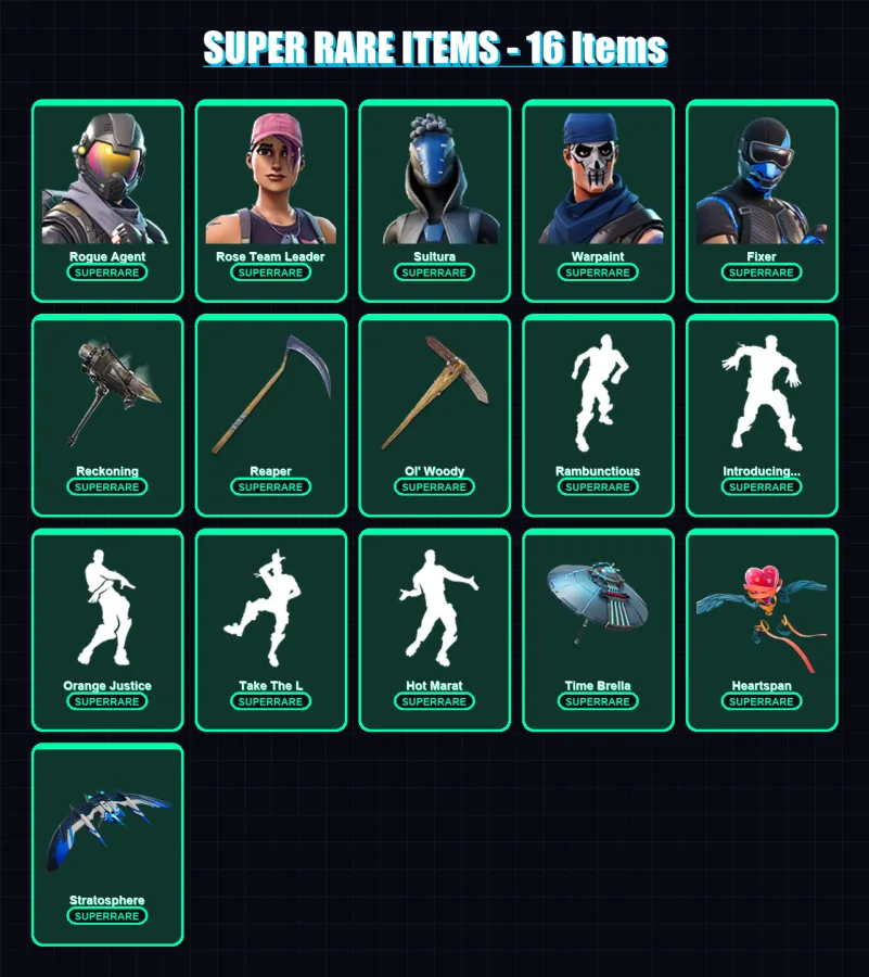 [PC] | Rogue Agent | Rose Team Leader | Sultura | Warpaint | Fixer | 99 skin | 118 pickaxe | 111 emote | 116 glider | Lv1588