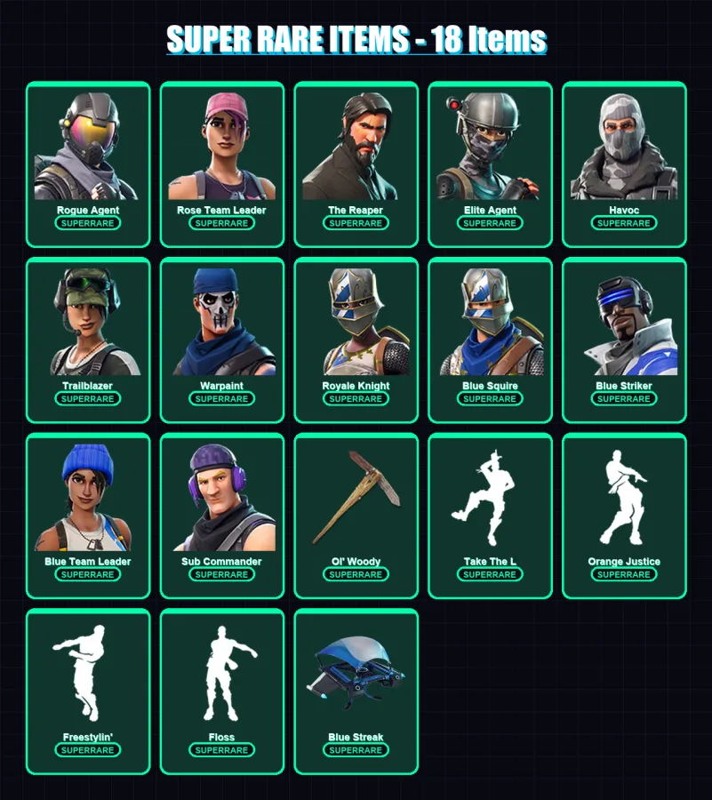 [PS4/PS5/XBOX/PC] | Rogue Agent | Rose Team Leader | The Reaper | Elite Agent | Havoc | 37 skin | 20 pickaxe | 30 emote | 26 glider | Lv352