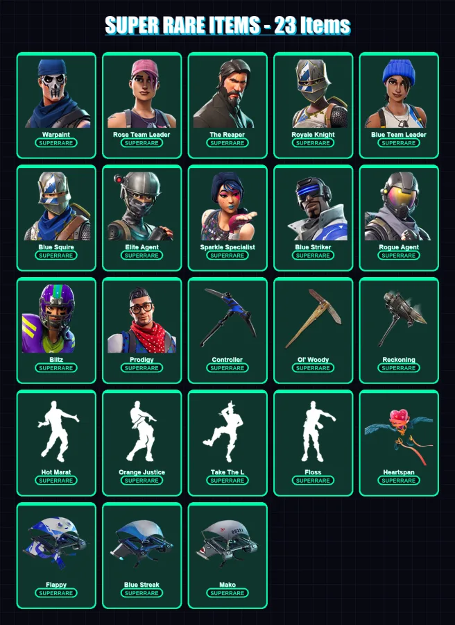 [PS4/PS5/XBOX/PC] | Warpaint | Rose Team Leader | The Reaper | Royale Knight | Blue Team Leader | 66 skin | 40 pickaxe | 63 emote | 50 glider | Lv61