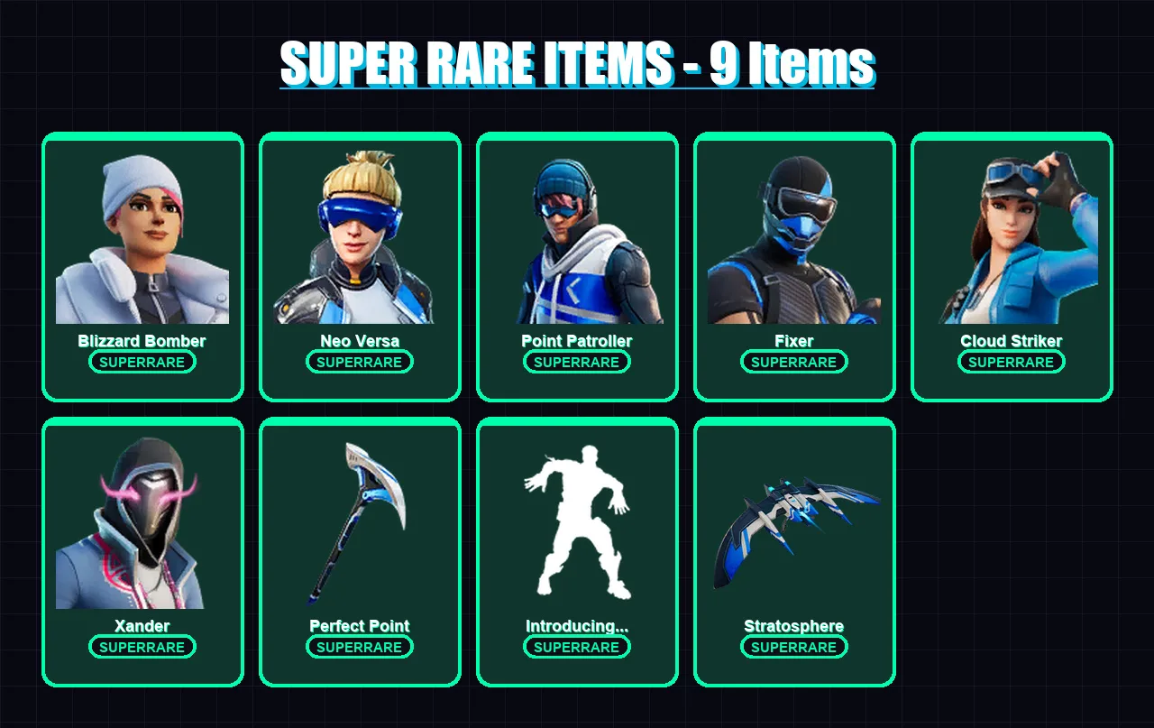 [PS4/PS5/XBOX/PC] | Blizzard Bomber | Neo Versa | Point Patroller | Fixer | Cloud Striker | 14 skin | 19 pickaxe | 14 emote | 18 glider | Lv238