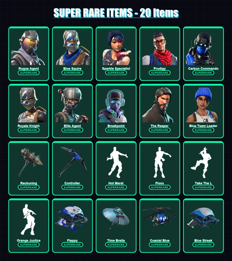 [PS4/PS5/XBOX/PC] | Rogue Agent | Blue Squire | Sparkle Specialist | Prodigy | Carbon Commando | 100 skin | 73 pickaxe | 98 emote | 81 glider | Lv10
