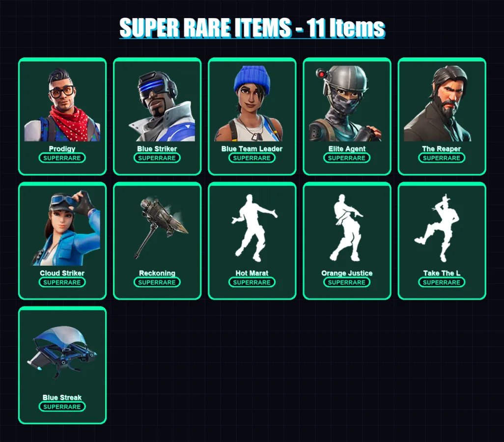 [PC/XBOX] | Prodigy | Blue Striker | Blue Team Leader | Elite Agent | The Reaper | 63 skin | 65 pickaxe | 66 emote | 68 glider | Lv876