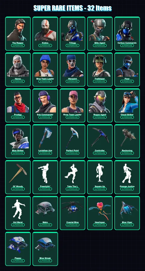 [PS4/PS5/XBOX/PC] | The Reaper | Kratos | Trilogy | Elite Agent | Carbon Commando | 158 skin | 128 pickaxe | 131 emote | 128 glider | Lv1770