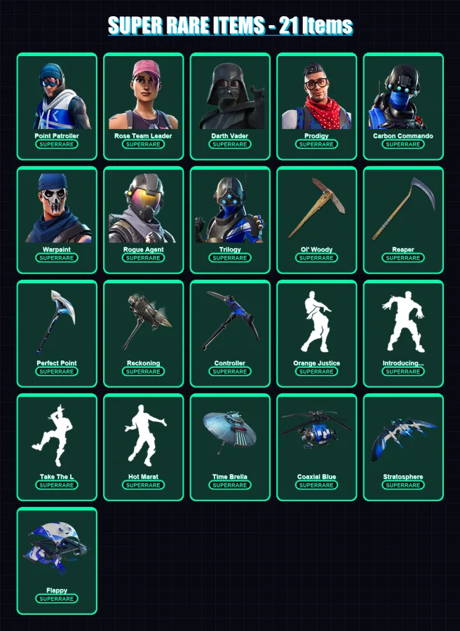 [PC] | Point Patroller | Rose Team Leader | Darth Vader | Prodigy | Carbon Commando | 188 skin | 167 pickaxe | 137 emote | 139 glider | Lv1942
