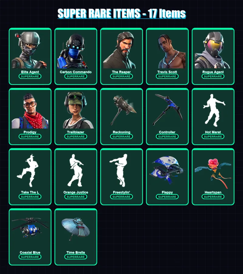 [PS4/PS5/XBOX/PC] | Elite Agent | Carbon Commando | The Reaper | Travis Scott | Rogue Agent | 104 skin | 171 pickaxe | 153 emote | 147 glider | Lv36