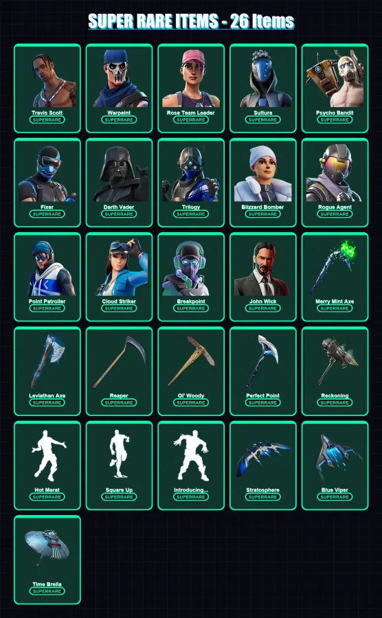 [PC/XBOX] | Travis Scott | Warpaint | Rose Team Leader | Sultura | Psycho Bandit | 461 skin | 377 pickaxe | 294 emote | 238 glider | Lv4374