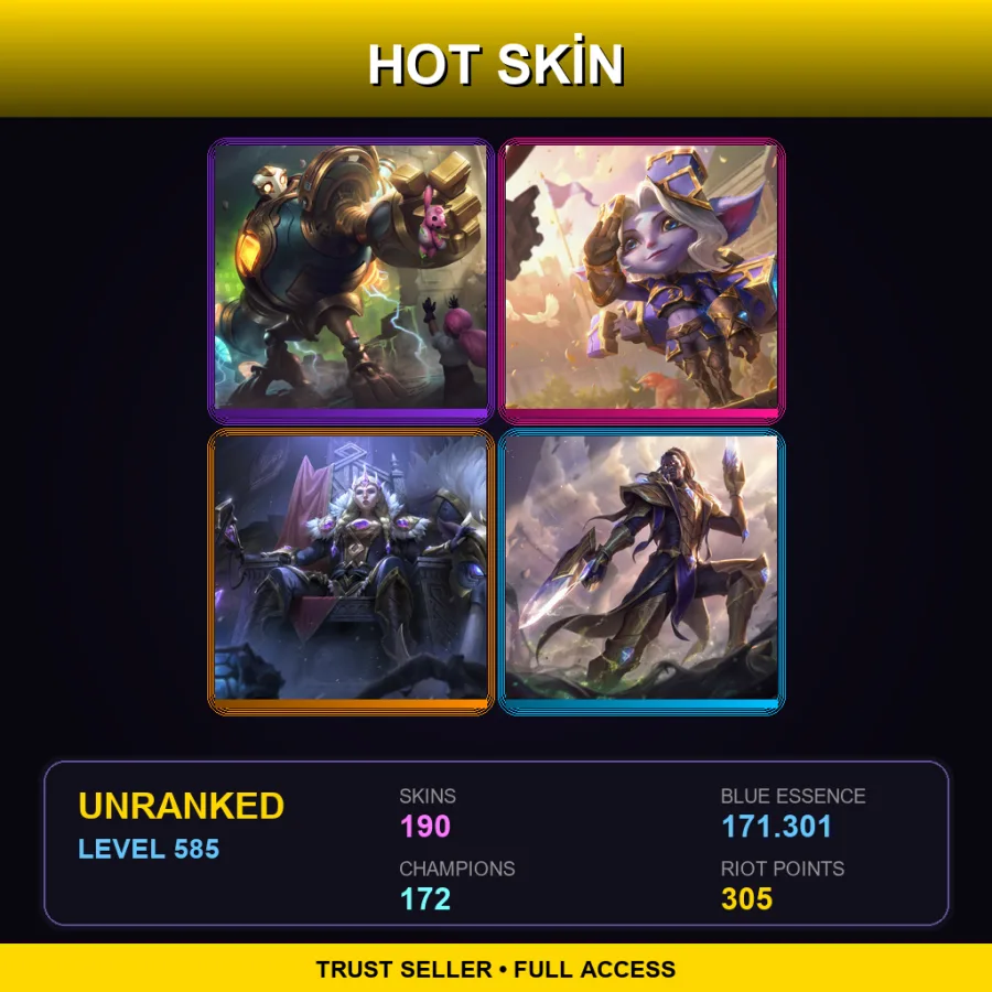 EUW | Lv585 | Unranked | 190 Skin | 172 Champ — LoL account