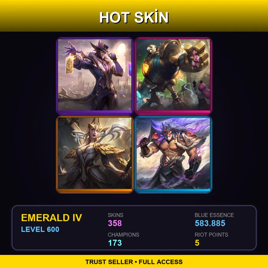 VN | Victorious Twisted Fate | Victorious Blitzcrank | Prestige Coven LeBlanc | Victorious Tryndamere | 358 Skin | 173 Champ | Emerald IV | Lv600