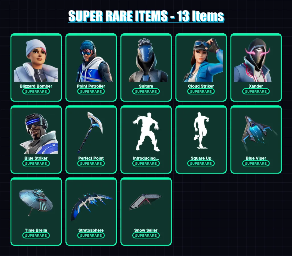 [PC] | Blizzard Bomber | Point Patroller | Sultura | Cloud Striker | Xander | 52 skin | 65 pickaxe | 72 emote | 64 glider | Lv1092